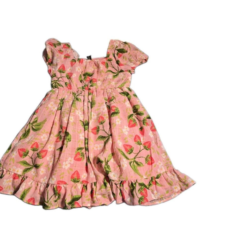 Toddler Girls Pink Strawberry Print Flutter-Sleeve Smocked Dress Sz 4 - Picture 5 of 11